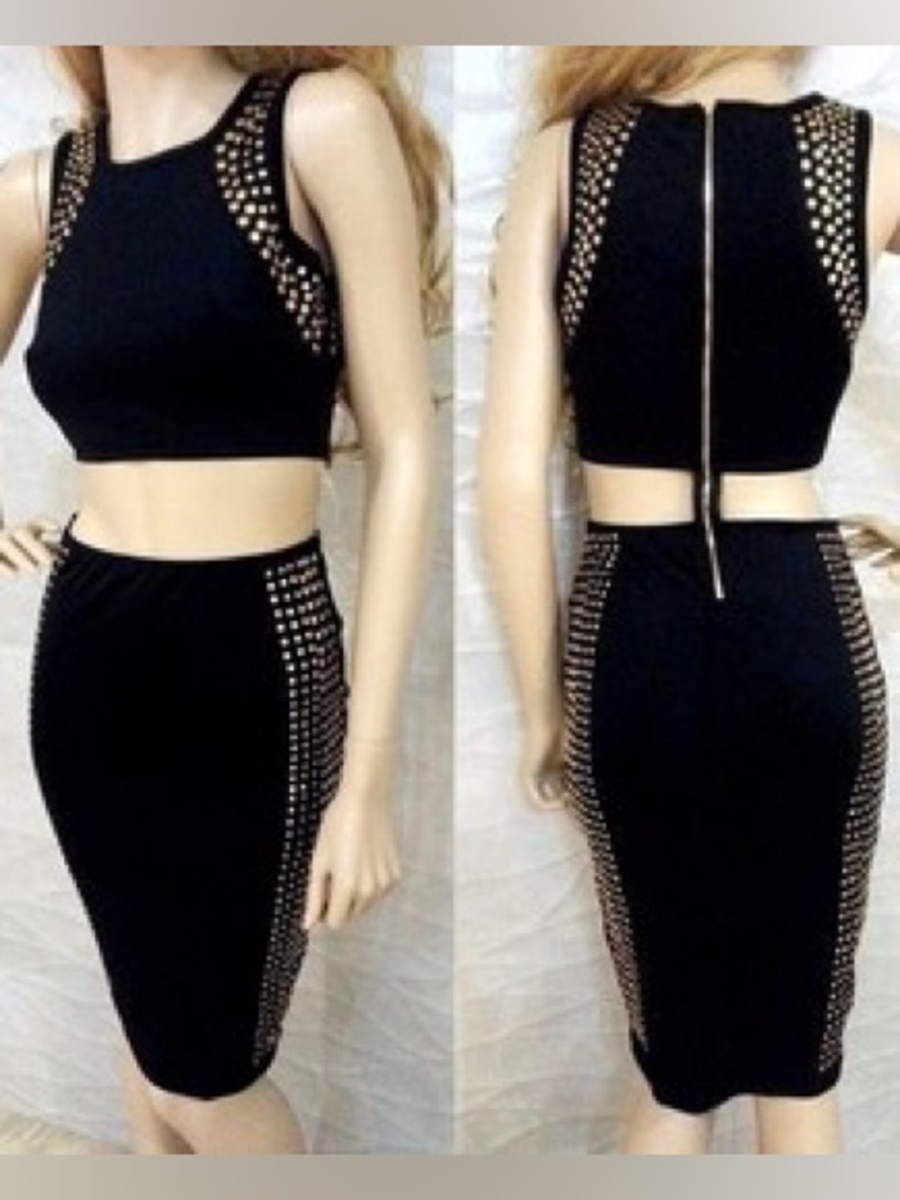 2B BEBE Black Studded 2 Piece Bodycon Skirt Set Crop Top Dress - Picture 3 of 5